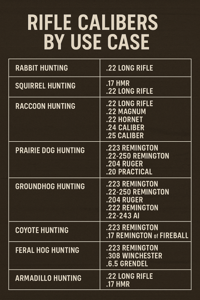 Chart showing recommended rifle calibers for hunting: rabbits (.22), squirrels (.17 HMR, .22), raccoons (.22, .24, .25), prairie dogs (.223, .204), and more.