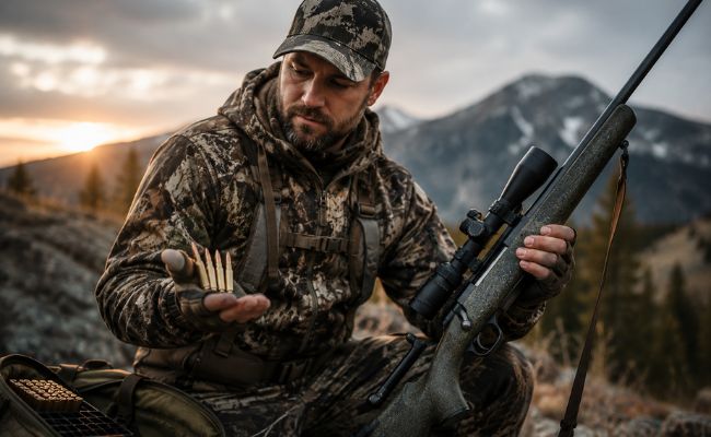 Hunter holding rifle bullets and a scoped hunting rifle outdoors.