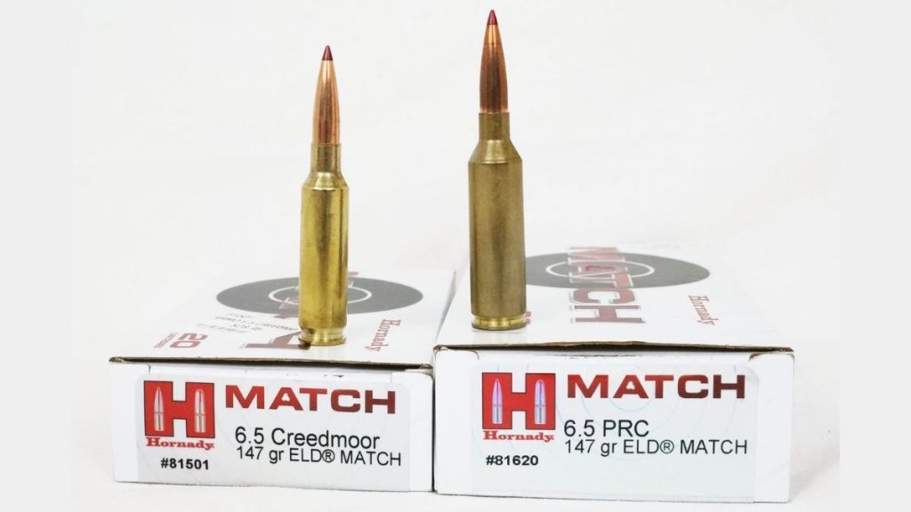Side-by-side comparison of 6.5 PRC and 6.5 Creedmoor cartridges, highlighting differences in size and design.