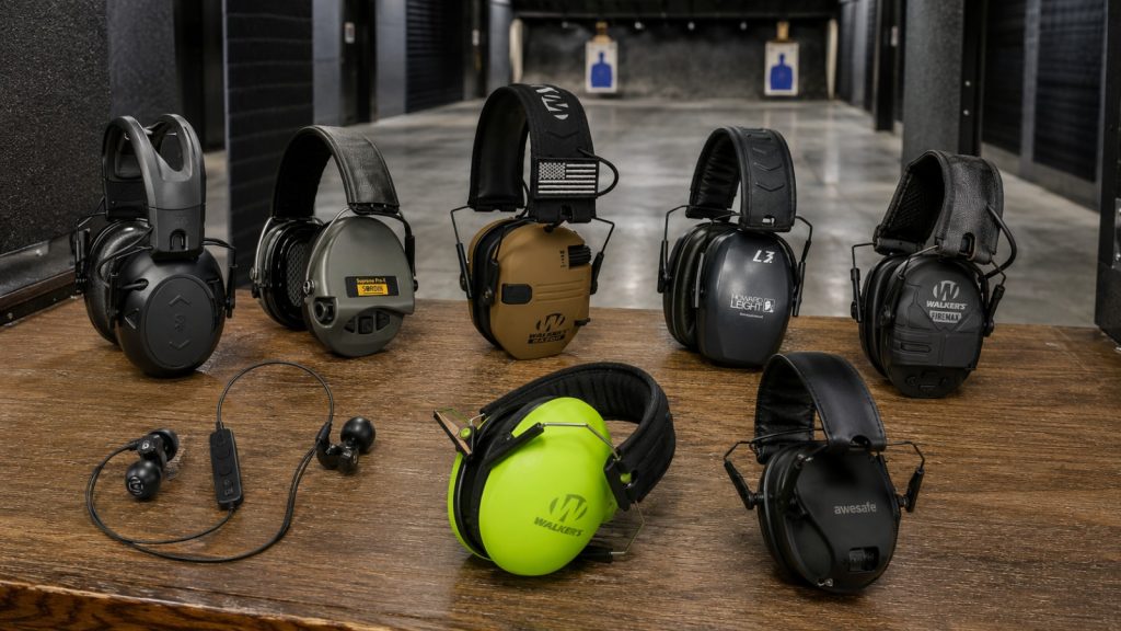 Multiple shooting headphones and electronic earmuffs displayed on a wooden bench at an indoor shooting range.