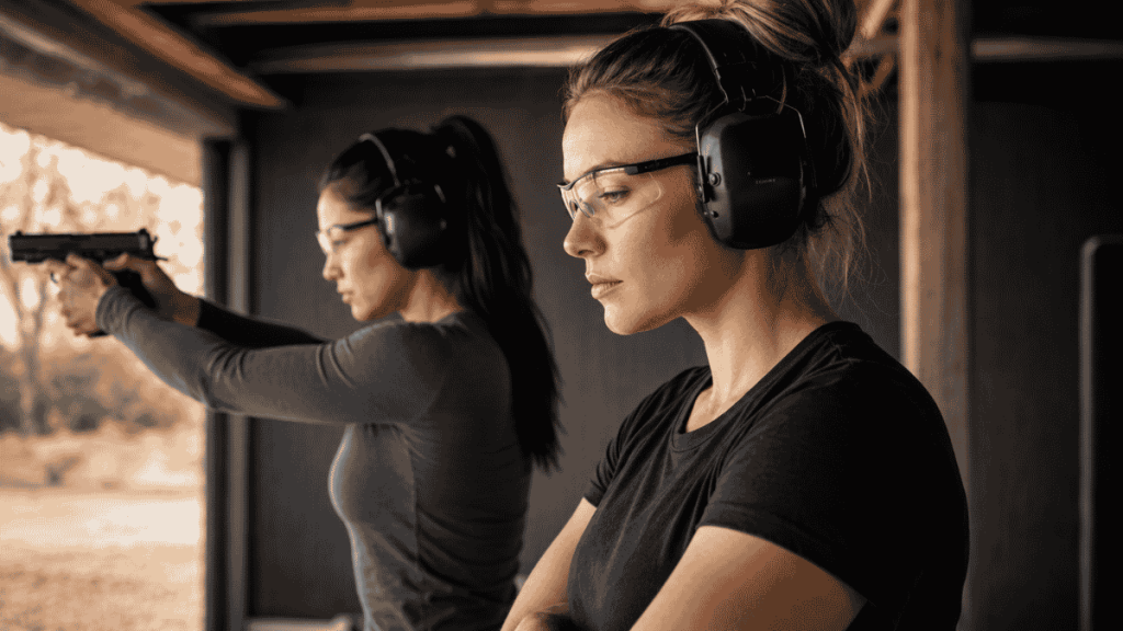 Two women wearing shooting earmuffs and safety glasses practice at an indoor shooting range.