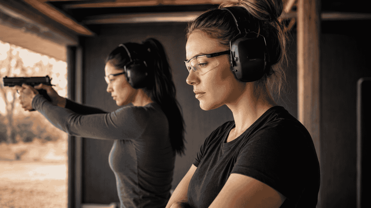 Two women wearing shooting earmuffs and safety glasses practice at an indoor shooting range.