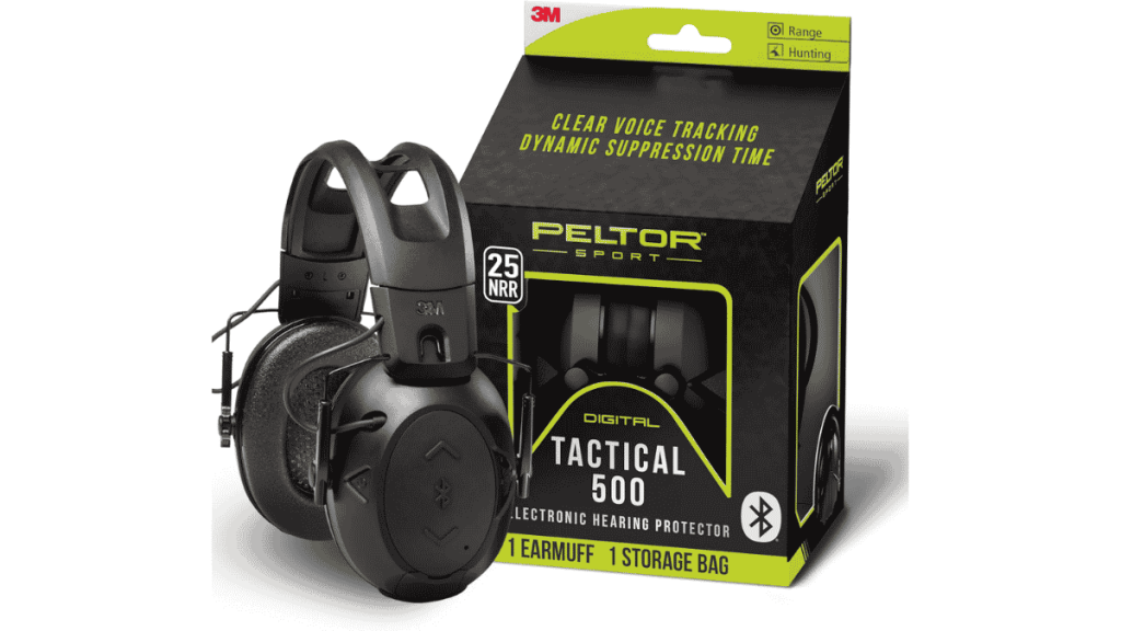 3M Peltor Sport Tactical 500 electronic earmuffs with product box on a white background.