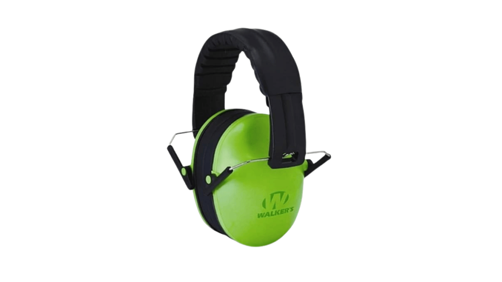 Walker’s youth low-profile shooting earmuffs in bright green on a white background.