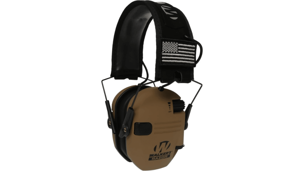 Walker’s Razor Slim electronic shooting earmuffs in tan with black headband on a white background.