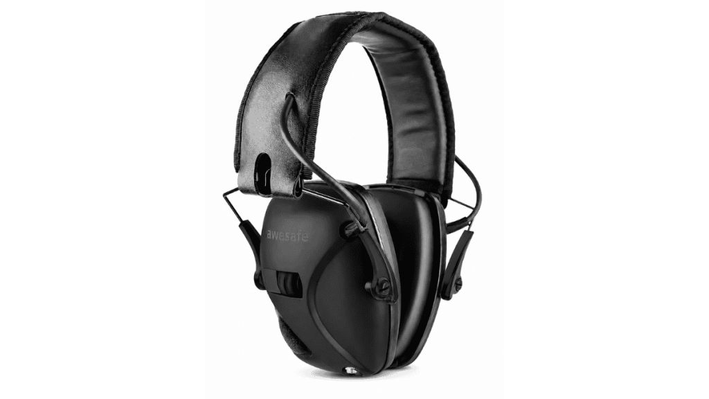 Awesafe electronic shooting earmuffs in black on a white background.