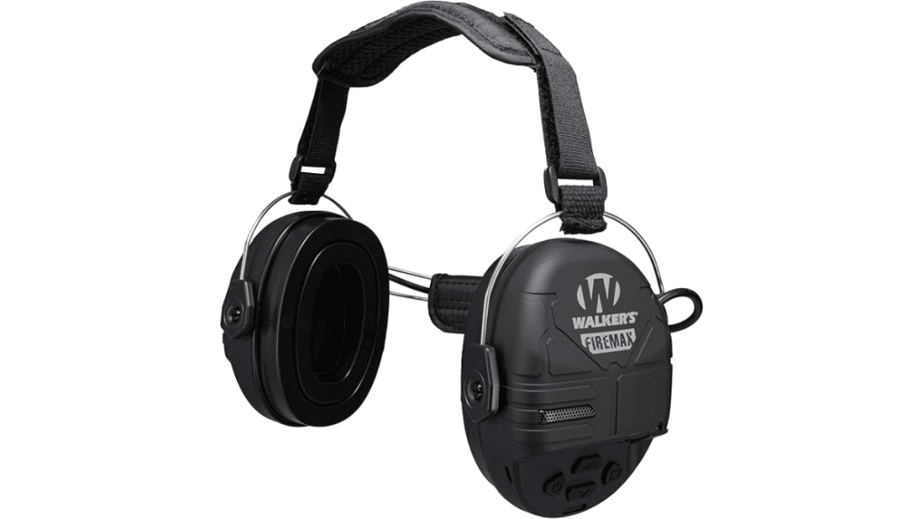 Walker’s FireMax electronic shooting earmuffs in black on a white background.