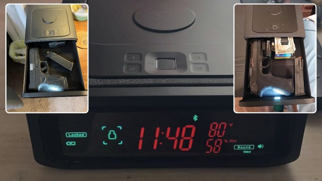 A secure Vaultek Smart Station gun safe with a firearm and extra magazine, displaying a digital clock and environmental readings.