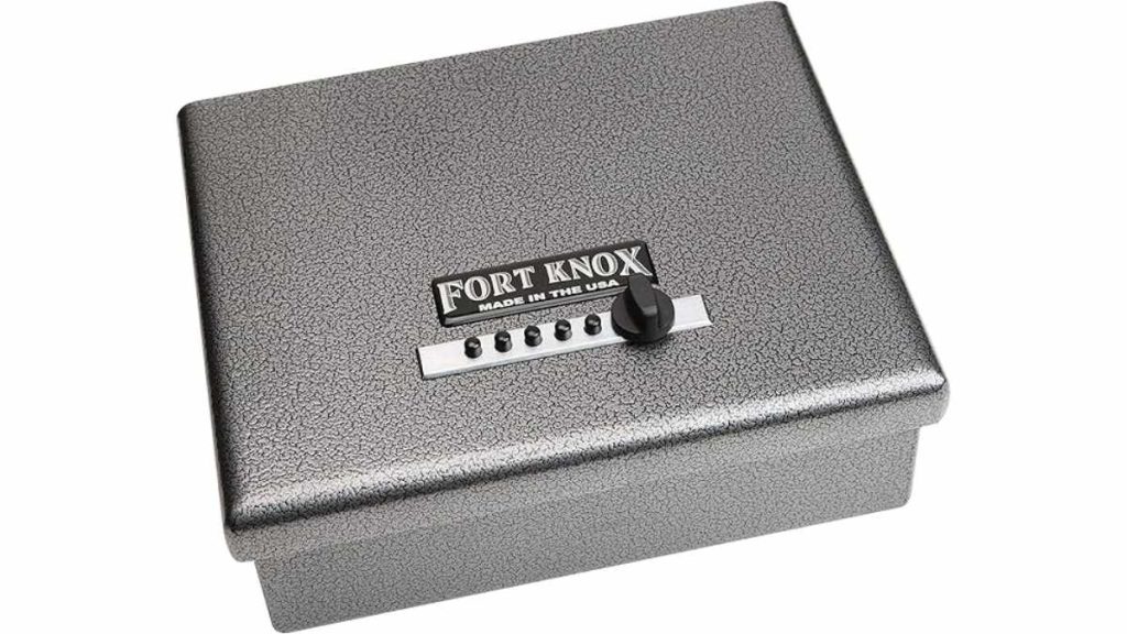 Fort Knox PB1 steel handgun safe with a five-button mechanical lock and black knob on a gray background.