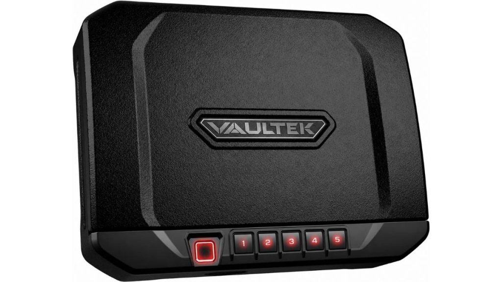 Black VAULTEK biometric gun safe with illuminated fingerprint scanner and keypad.