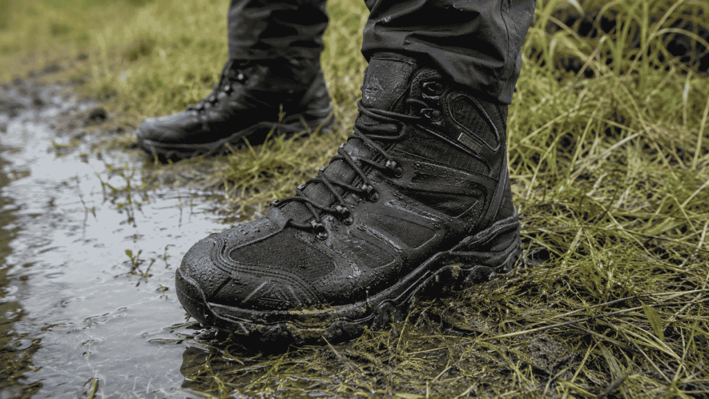 NORTIV 8 hiking boots standing beside a muddy puddle on a wet trail, showing waterproof use in damp outdoor conditions.