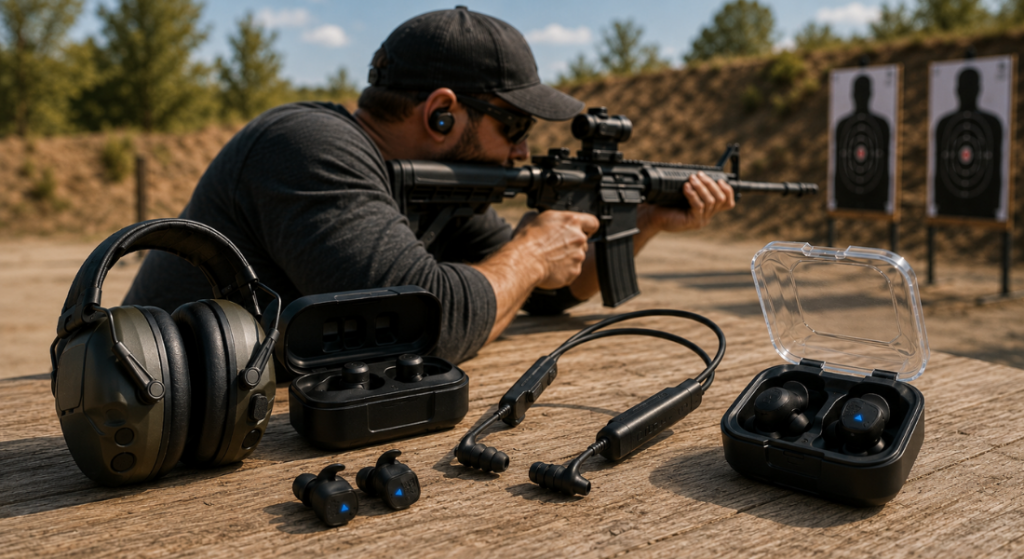 Bluetooth shooting ear protection on a wooden range bench with a shooter aiming a rifle in the background.