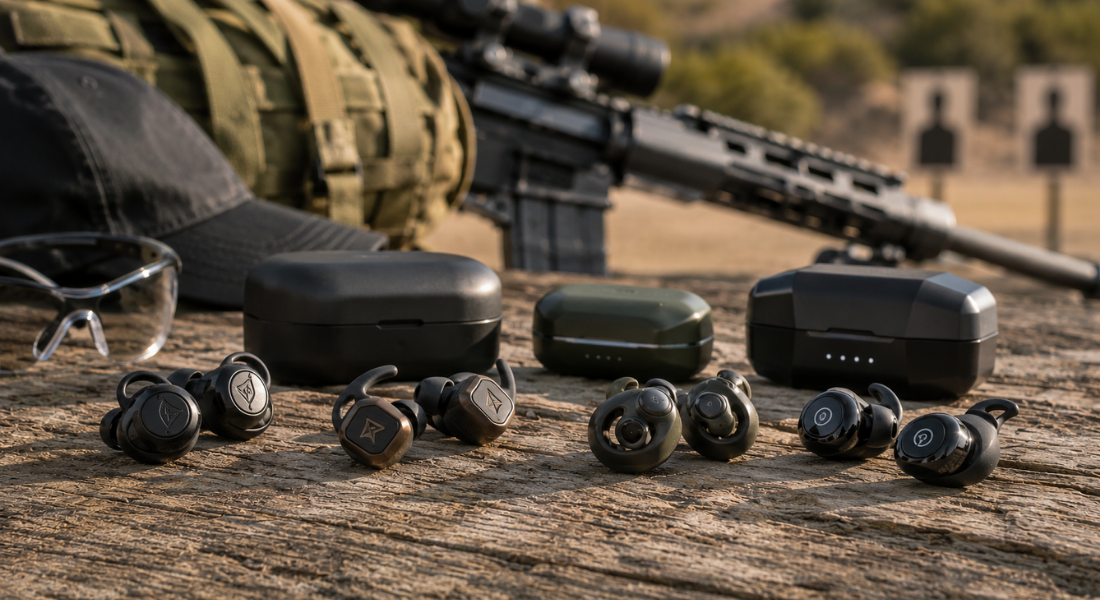 Electronic shooting earplugs and charging cases arranged on a wooden shooting bench with safety glasses, tactical gear, and a rifle in the background.