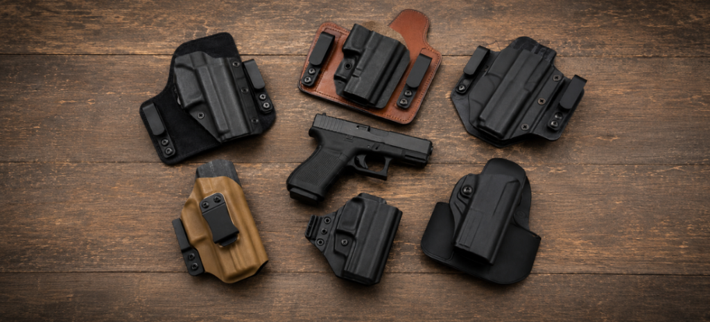 Glock-style pistol surrounded by IWB, OWB, Kydex, and hybrid holsters on a rustic wooden table.