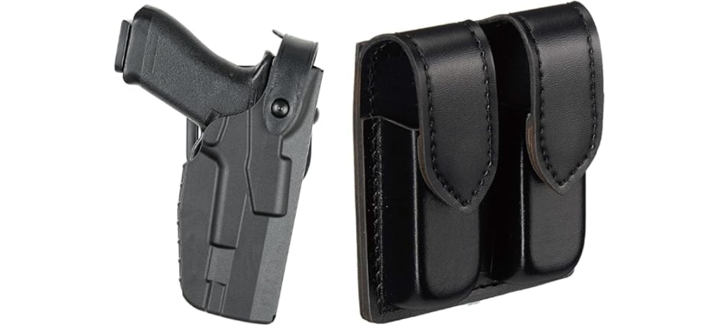 Black Glock-style pistol in a duty holster beside a black leather double magazine pouch on a white background.
