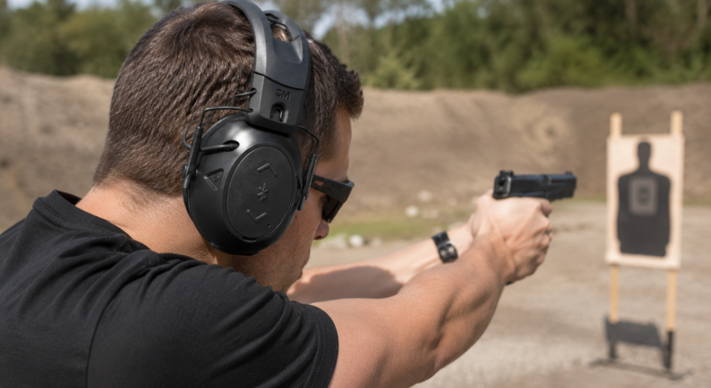 Man wearing black electronic earmuffs and safety glasses while aiming a handgun at a silhouette target on an outdoor shooting range.