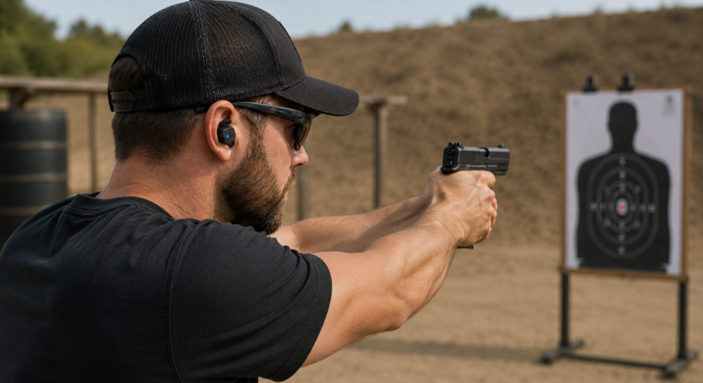 Man wearing wireless shooting earbuds and safety glasses while aiming a handgun at a silhouette target outdoors.