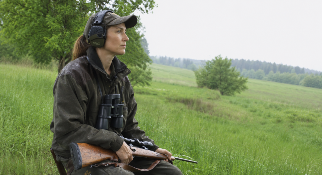 Woman shooter wearing Howard Leight Impact Sport earmuffs while sitting in a grassy field with a rifle and binoculars.