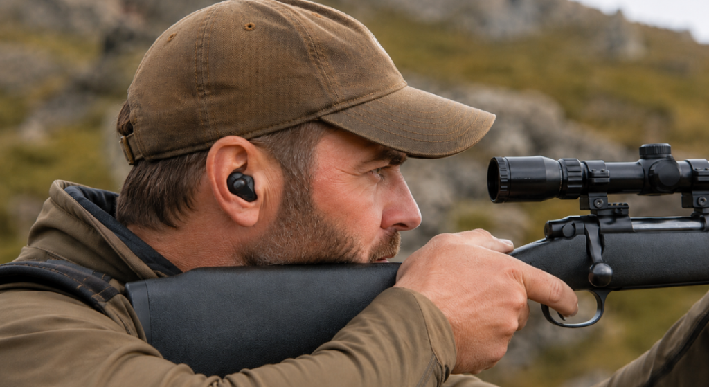 Man wearing electronic shooting ear plugs while aiming a scoped rifle outdoors in hunting clothes.