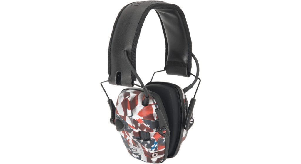 Howard Leight Impact Sport electronic shooting earmuffs with American flag camo ear cups on a white background.