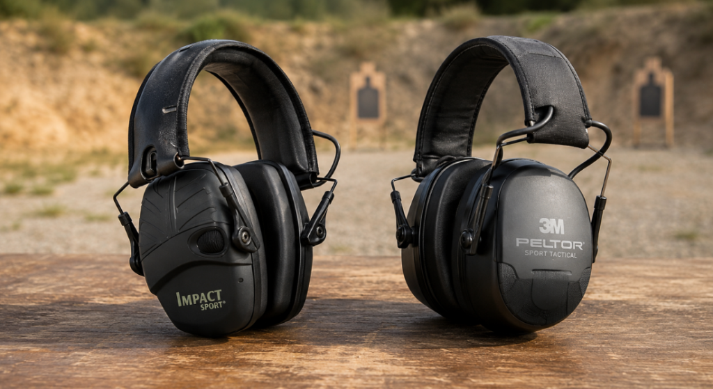 Howard Leight Impact Sport and 3M Peltor Sport Tactical earmuffs placed side by side on a wooden table at an outdoor shooting range.