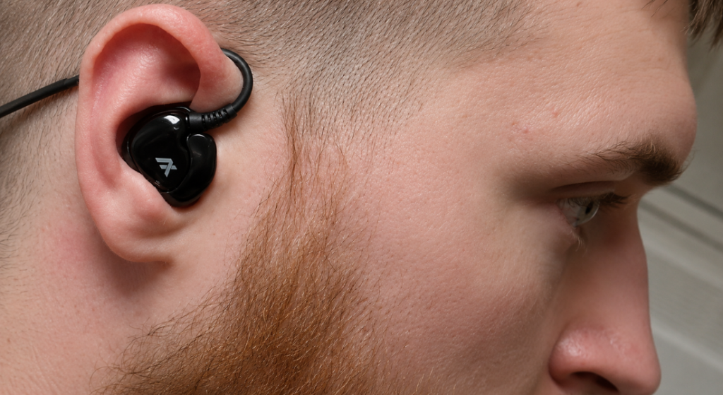 Close-up of a black electronic ear plug with a visible logo worn in a man’s ear.