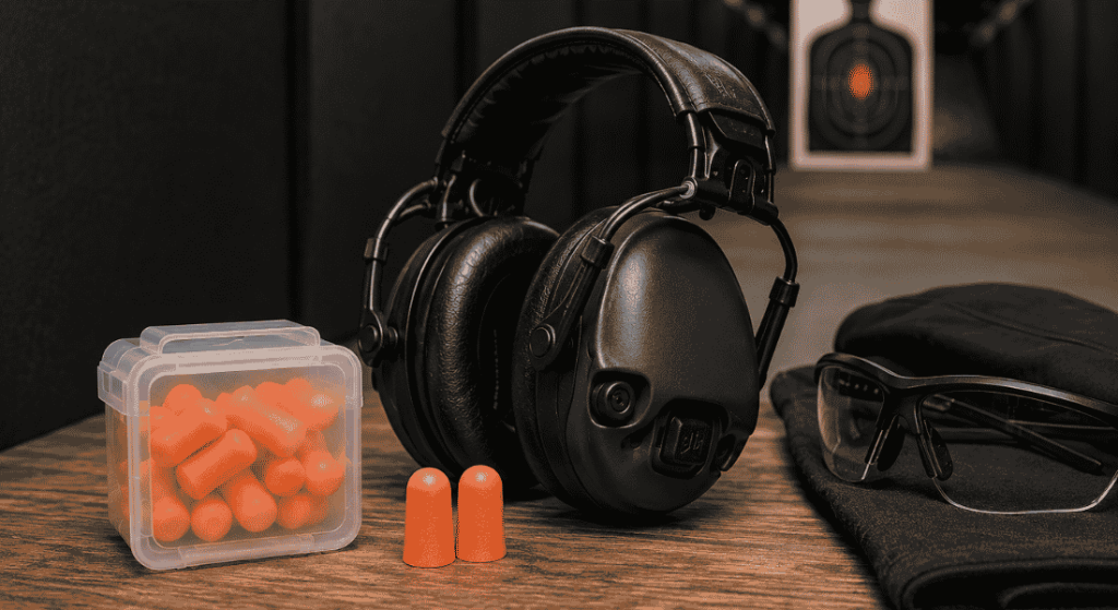 Double hearing protection for shooting with earmuffs, foam earplugs, safety glasses, and a handgun on an indoor shooting range bench.