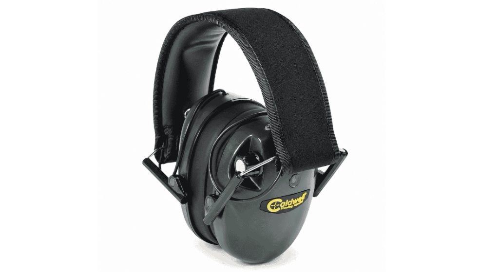 Caldwell green shooting earmuffs with black padded headband on a white background.