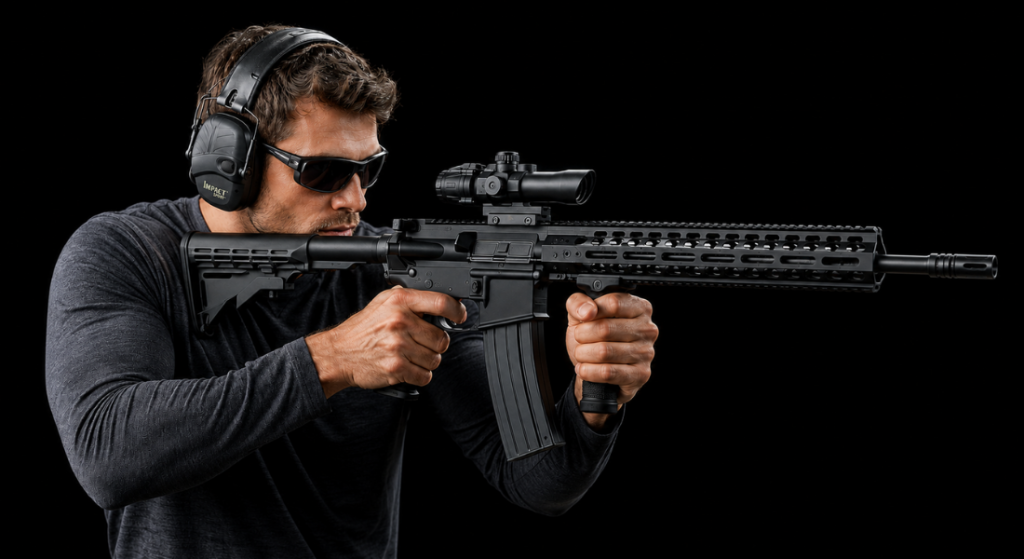 White male shooter wearing Impact Sport earmuffs and safety glasses while aiming a tactical rifle against a black studio background.