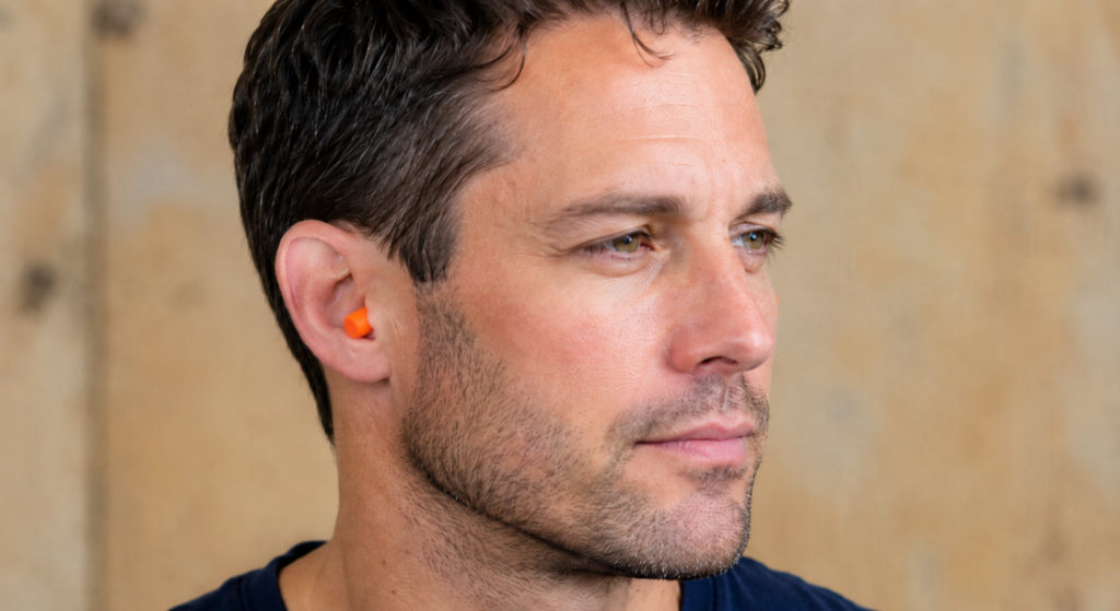 Man wearing bright orange foam ear plugs properly inserted in both ears.