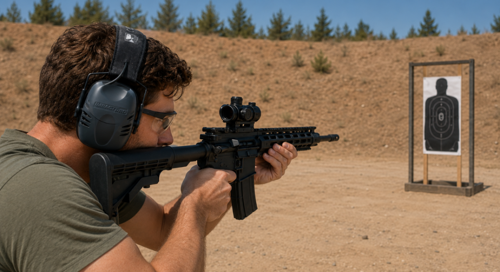 Man wearing Impact Pro earmuffs and safety glasses while aiming a rifle at a target on an outdoor shooting range.