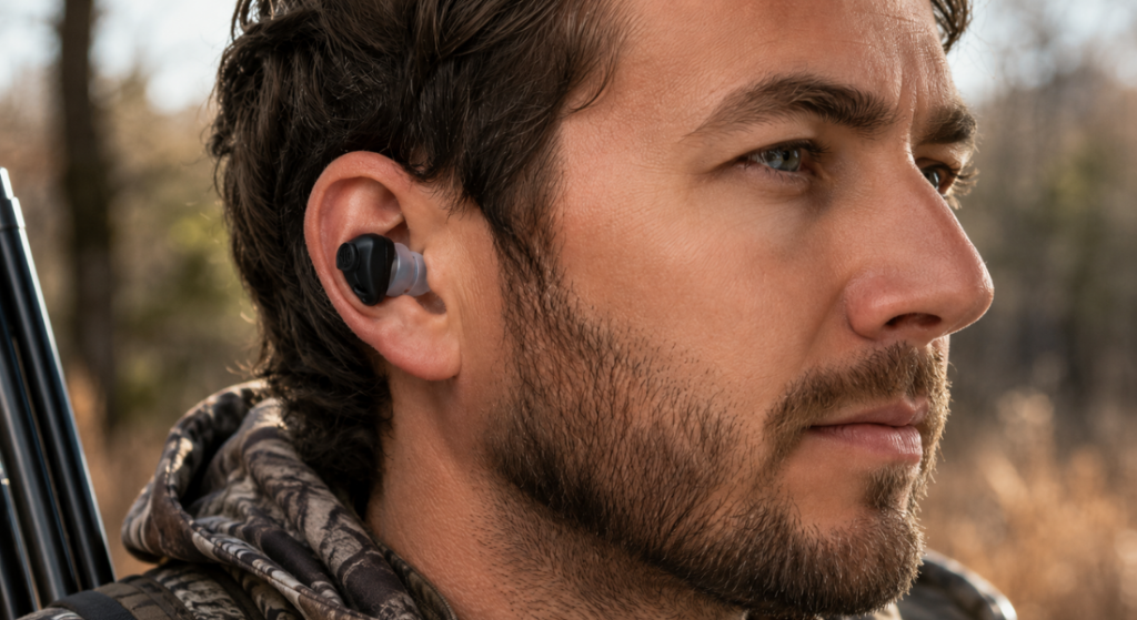 Hunter outdoors wearing black filtered ear plugs correctly inserted, with the logo visible in a close-up side profile.