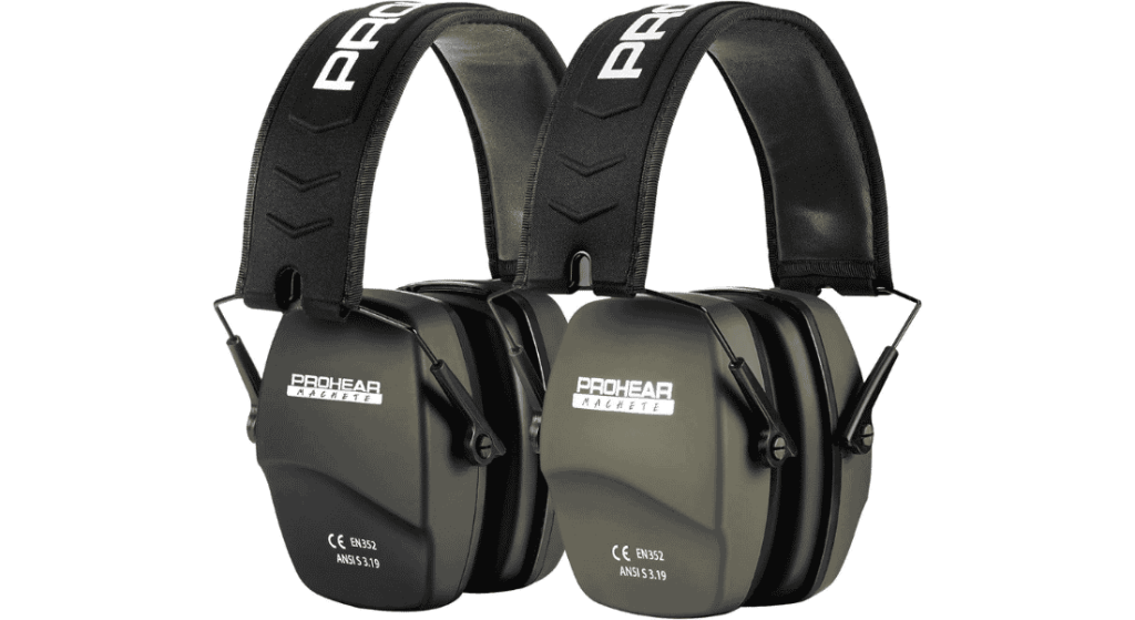 Two black PROHEAR passive shooting earmuffs on a white background.