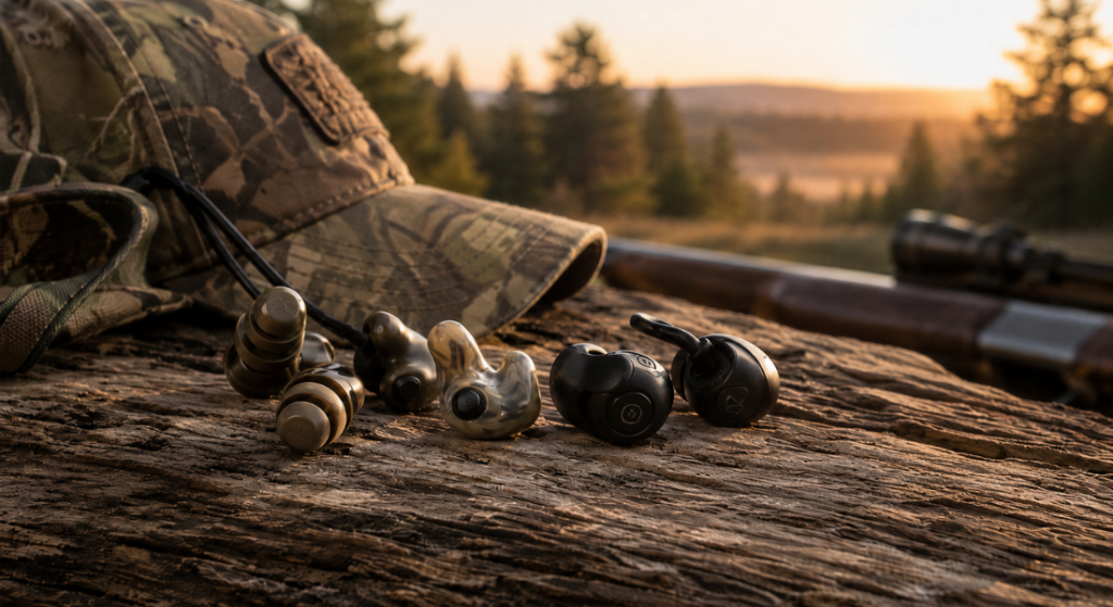 Hunting earplugs and electronic in-ear hearing protection arranged on a weathered log beside a camouflage hat and rifle at golden hour.