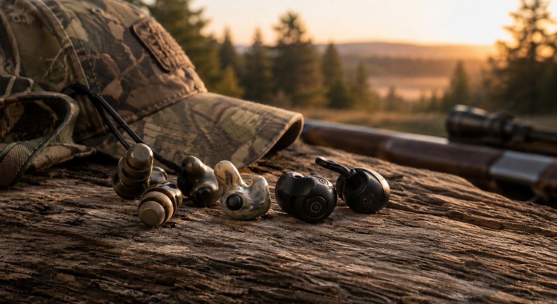 Hunting earplugs and electronic in-ear hearing protection arranged on a weathered log beside a camouflage hat and rifle at golden hour.