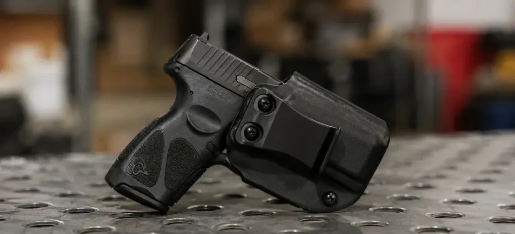Taurus G2C handgun seated in a black Kydex IWB holster on a perforated metal workbench.