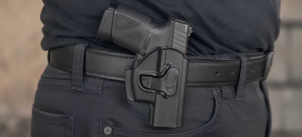 Taurus G2C-style handgun secured in a black OWB holster on a man’s belt.