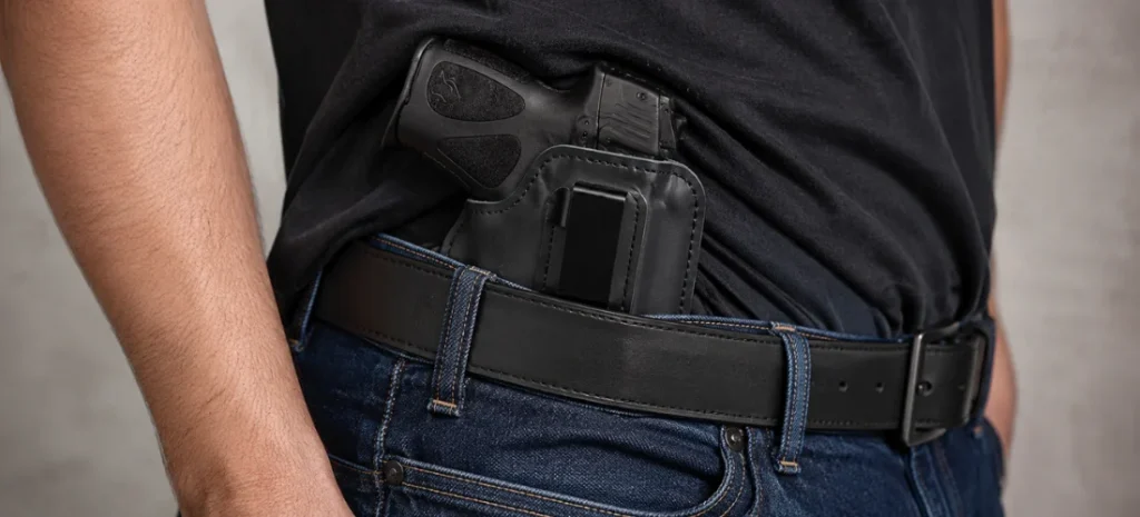 Man wearing a compact handgun in a black leather IWB holster on his belt.