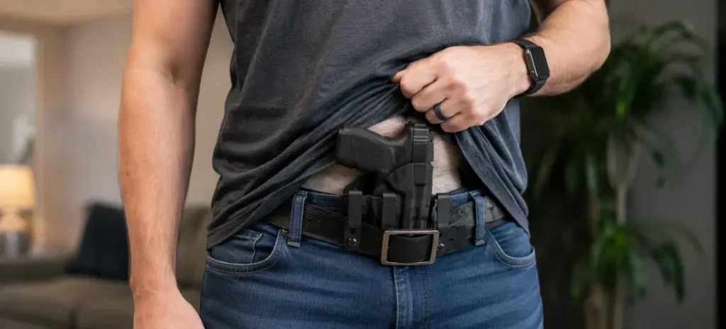 Man wearing a Glock-style pistol in a black appendix holster with a dark shirt, jeans, and belt indoors.