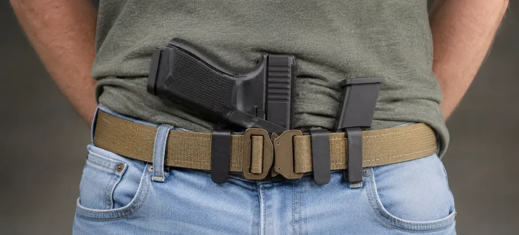 Man carrying a compact handgun and spare magazine on a tactical belt.