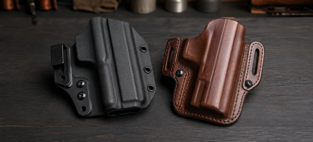 Kydex and leather gun holsters displayed side by side on a dark wooden surface.