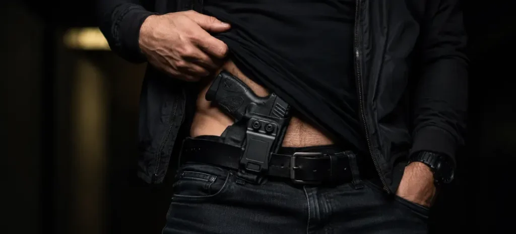 Man carrying a compact handgun in a black IWB holster under a lifted black shirt.