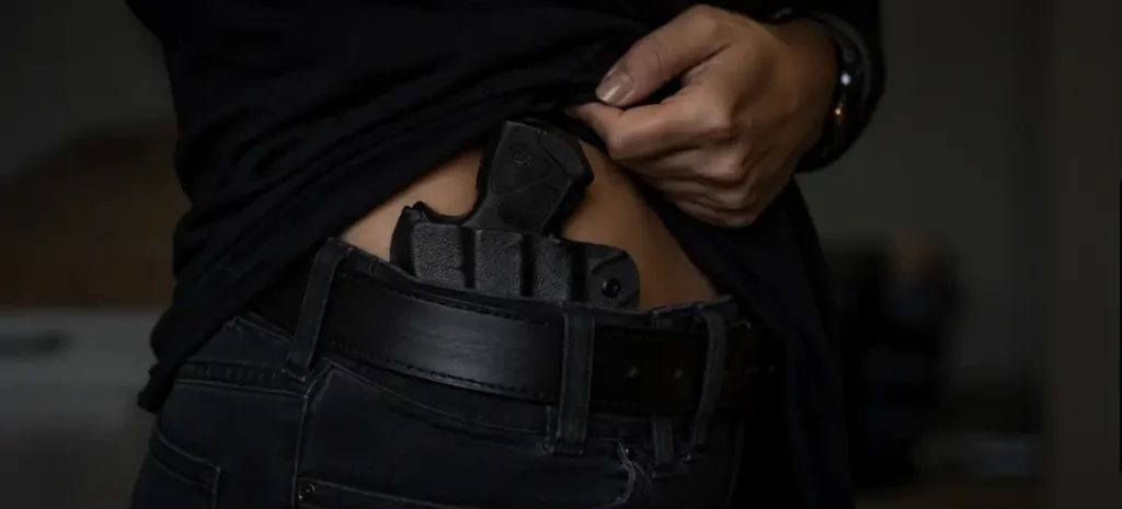 Woman carrying a compact handgun in a black IWB holster under a lifted shirt.