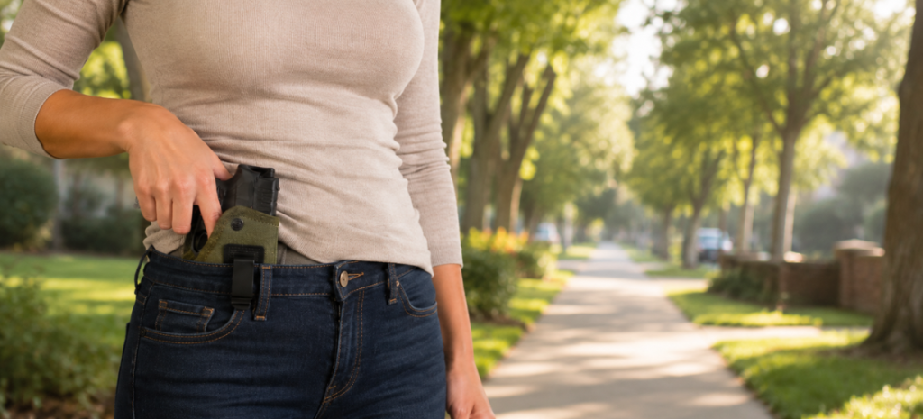 Woman wearing a beige long-sleeve top and dark jeans with an inside-the-waistband holster and handgun visible outdoors.
