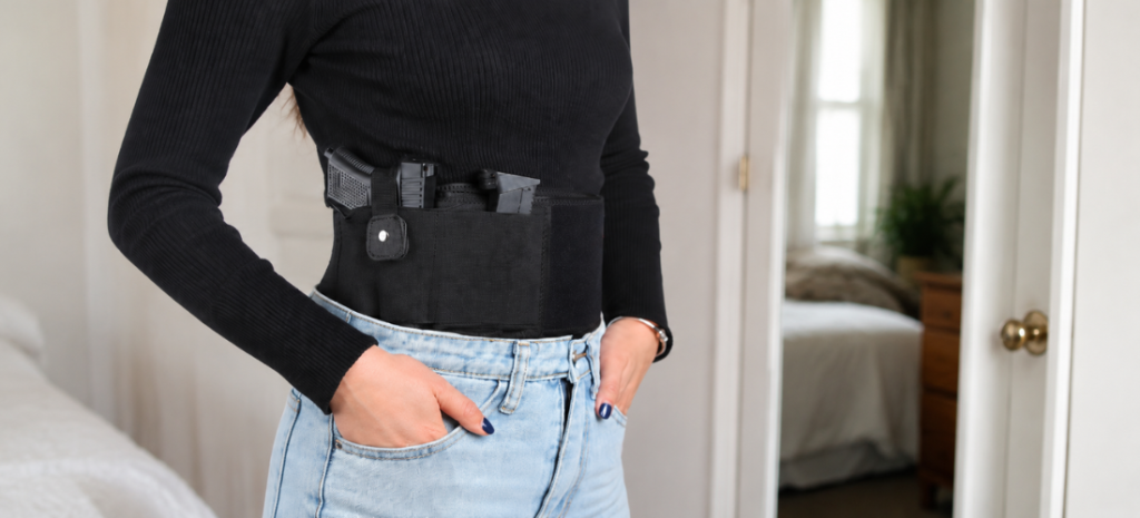 Woman wearing a black belly band concealed carry holster with a handgun and spare magazine visible over light blue jeans indoors.