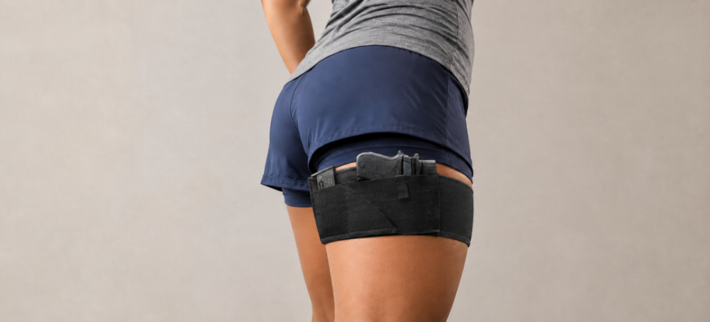 Woman wearing a black thigh holster with a handgun and spare magazine over navy athletic shorts.