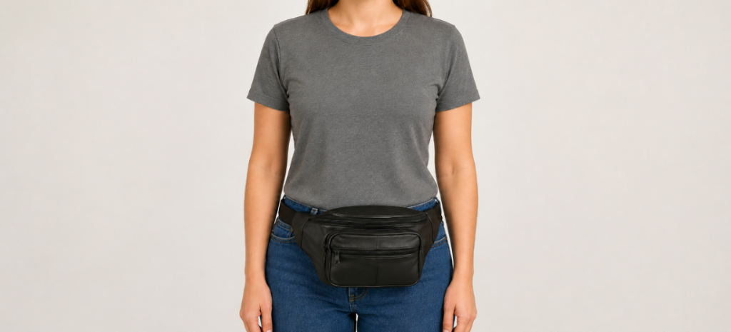Woman wearing a gray T-shirt and blue jeans with a black leather waist pack secured around her waist.
