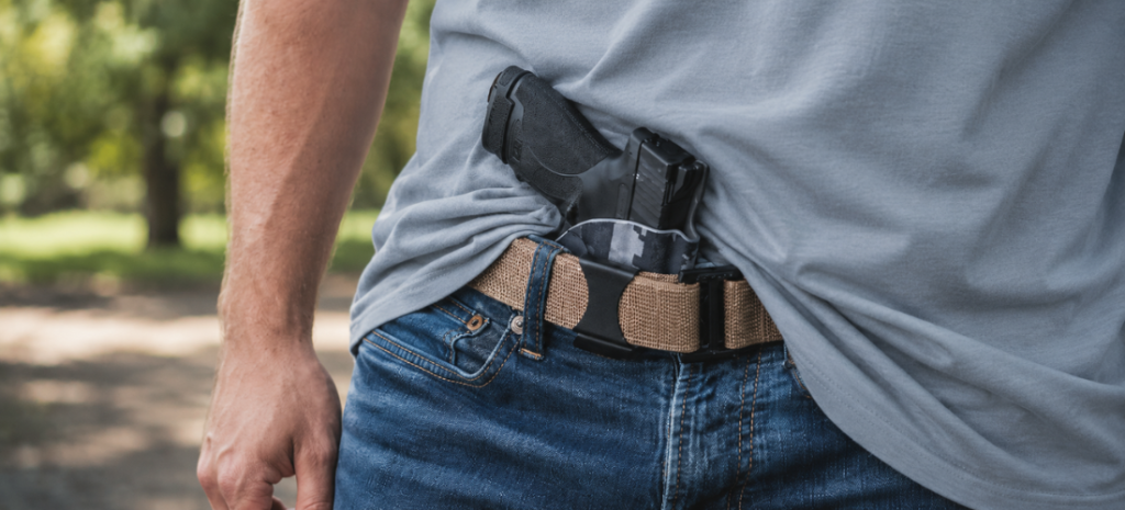 Man carrying an S&W Shield-style pistol in an IWB holster on a tan belt while standing outdoors in daylight.