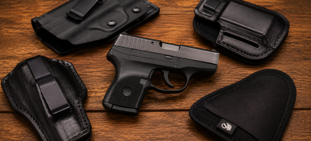 Ruger LCP-style compact pistol with black Kydex, leather, and pocket holsters arranged on a wooden tabletop.