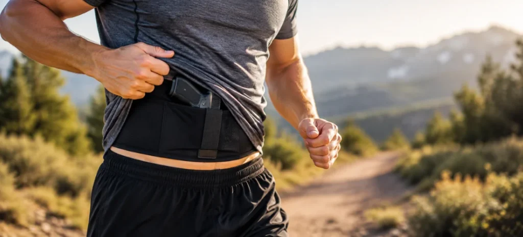 Runner lifting his shirt to reveal a concealed waistband holster while running on a scenic mountain trail.